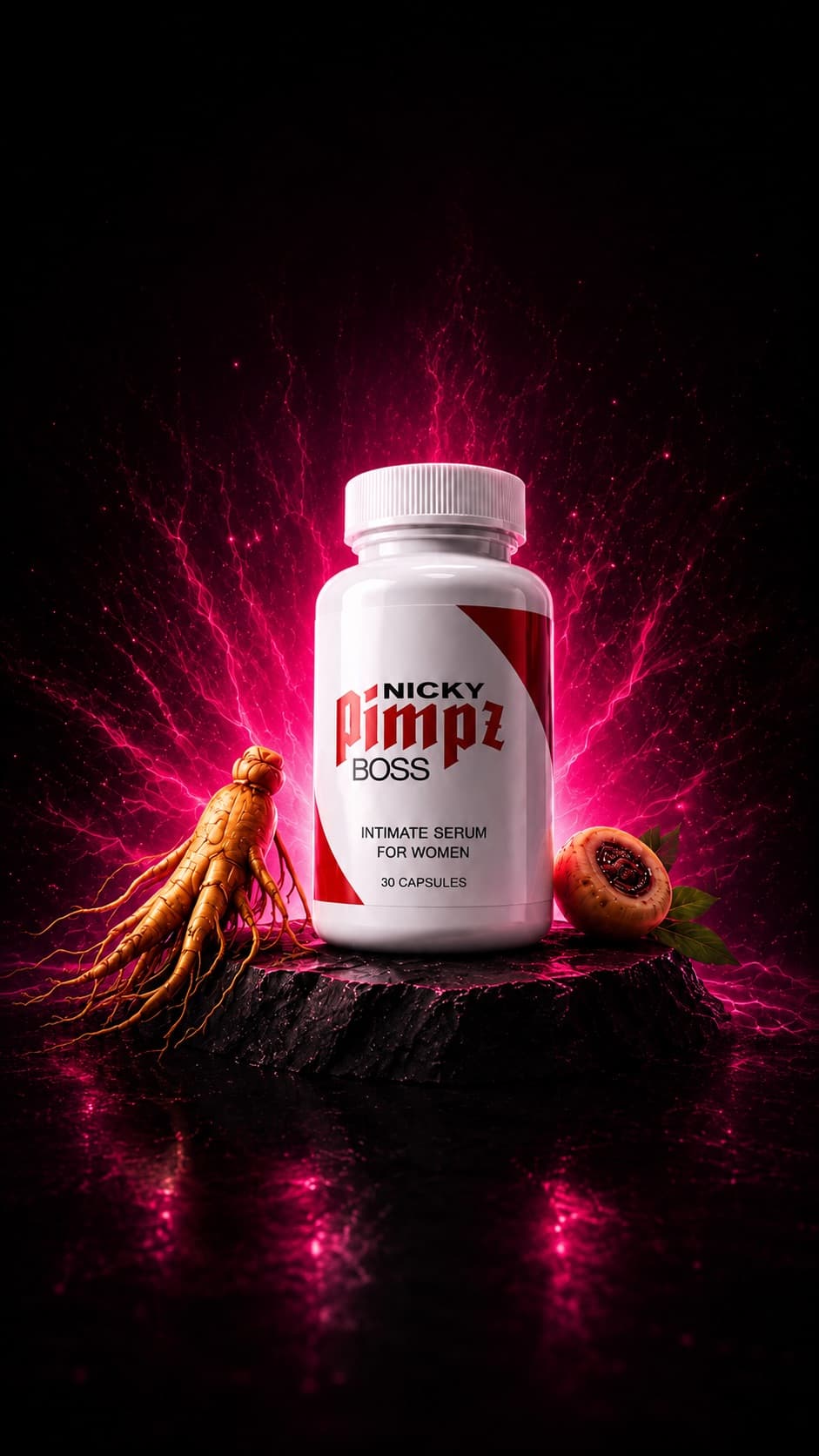 Nicky Pimpz Boss intimate serum bottle 30 capsules with ginseng root and beet root on dark stone slab with pink energy glow