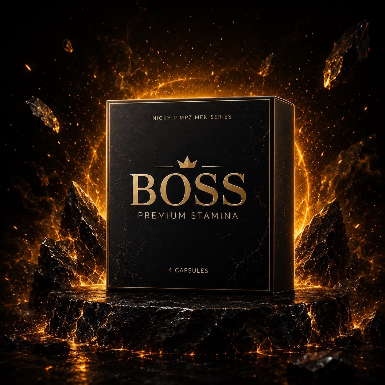 Boss Men premium stamina box on a dark pedestal with gold energy glow