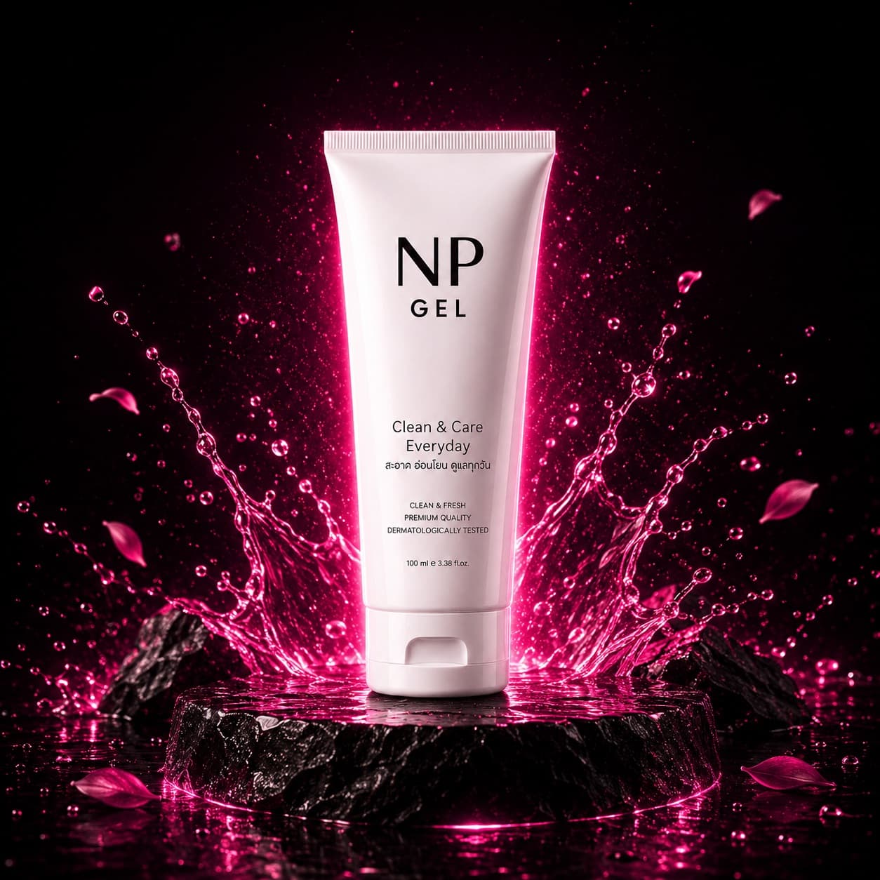 NP Gel product tube on dark pedestal with pink liquid splash background