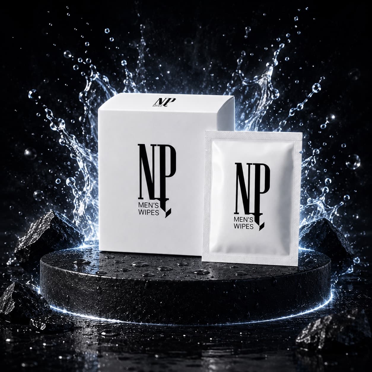 NP Men's Wipes box and sachet on dark pedestal with cool splash background